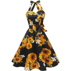 Topdress Women's Vintage Polka Audrey Dress Sunflower Cocktail Dress